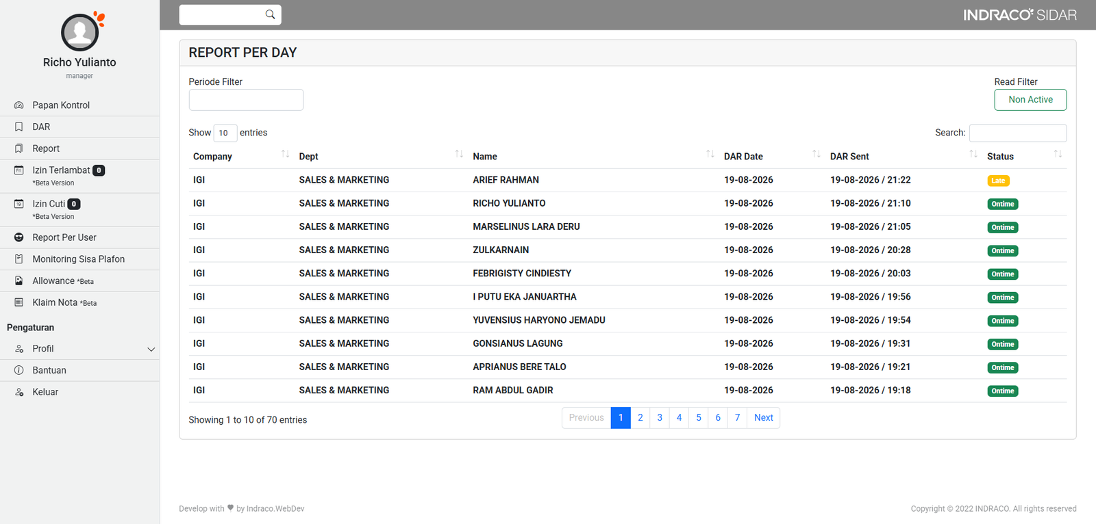 Tampilan aplikasi HRIS dan Daily Activity Report